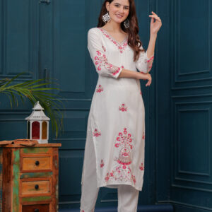 Women Viscose Rayon Chikan Embroidery Round Neck 3/4 Sleeve Calf Length Straight Kurta