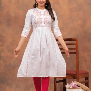 Women Embroidered Viscose Rayon Flared Kurta  (White)